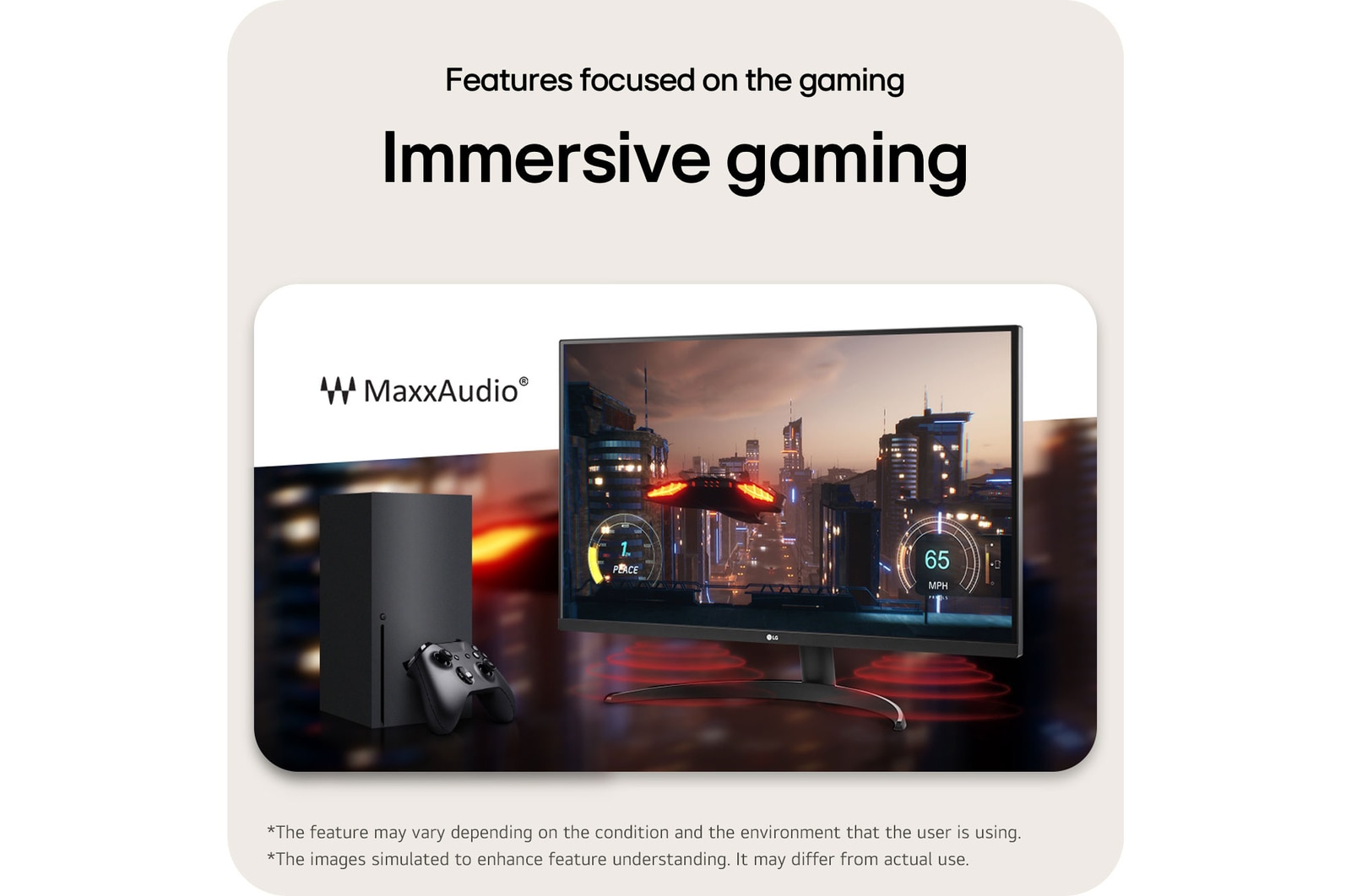 LG Monitor 32UR500K features MaxxAudio® technology, delivering an immersive gaming experience with rich sound in a console gaming setup.