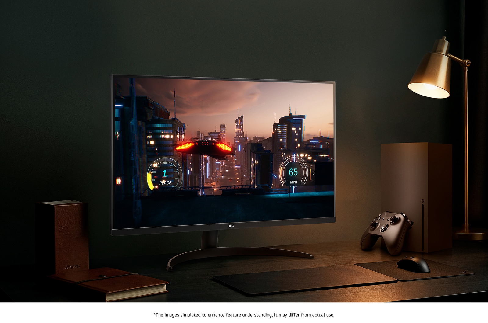 The LG Monitor 32UR500K in a matte black finish, featuring 4K UHD resolution, displays an immersive racing game connected to a console in a stylish, darkened gaming setup.