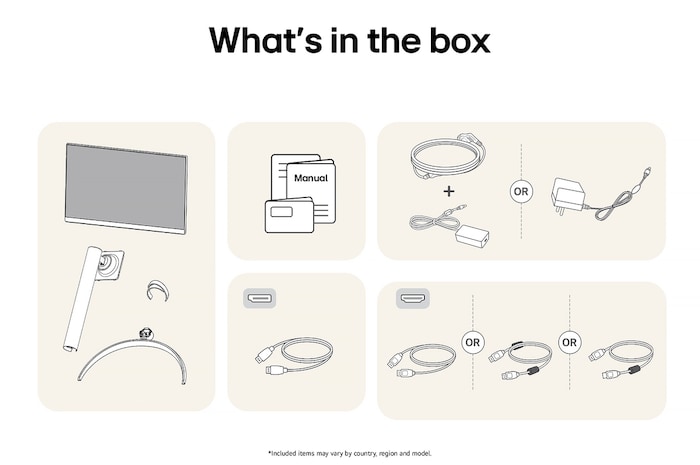 LG Monitor 32UR500K showing an overview of all included components, including the monitor body, stand parts, manual, HDMI, and DP cables.