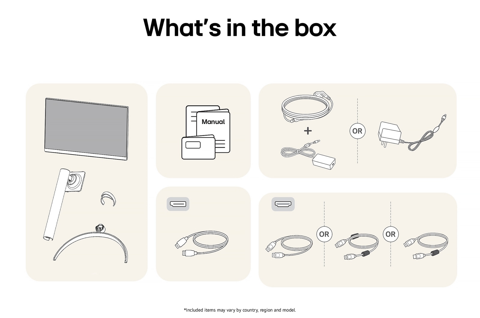 LG Monitor 32UR500K showing an overview of all included components, including the monitor body, stand parts, manual, HDMI, and DP cables.