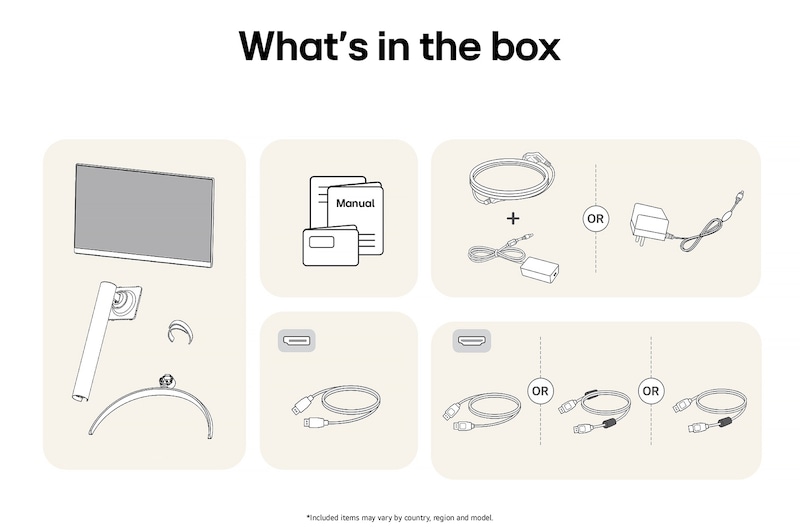 LG Monitor 32UR500K showing an overview of all included components, including the monitor body, stand parts, manual, HDMI, and DP cables.