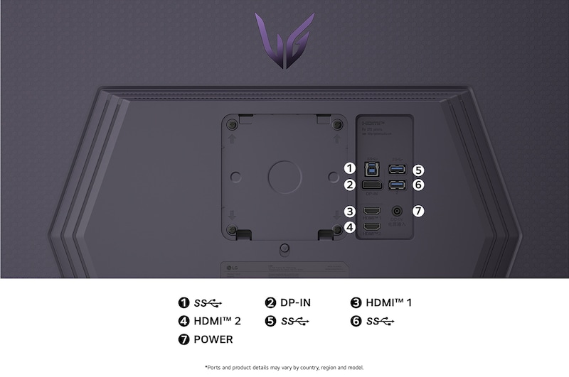 Rear view of the ports on the LG UltraGear™ Monitor 27G810A in a black finish, illustrating the DisplayPort and dual HDMI™ inputs, and the USB 3.0 (SS) ports.