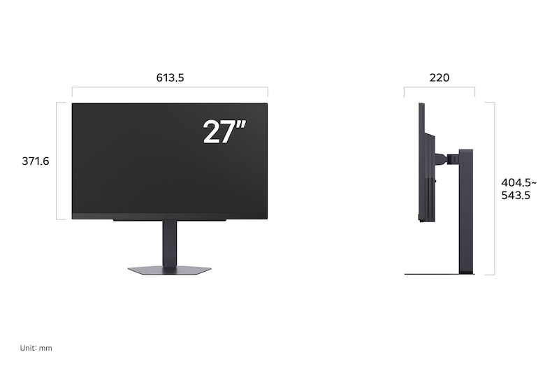 LG UltraGear™ Monitor 27G810A displaying product dimensions in front and side profile, measuring 613.5 mm width, 371.6 mm display height, 404.5–543.5 mm total height, and 220 mm depth.