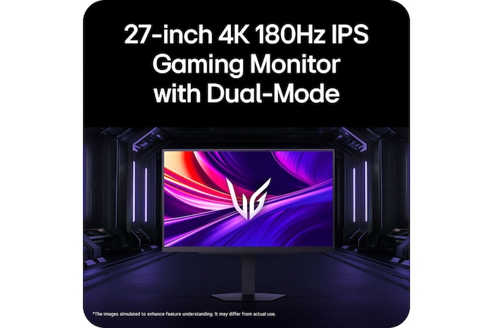 LG UltraGear™ Monitor 27G810A in a gaming environment, emphasizing 27-inch 4K resolution, 180Hz refresh rate, and IPS Gaming Monitor with Dual-Mode functionality.