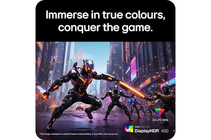 LG UltraGear™ Monitor 27G810A displaying vibrant colours in a combat simulation, highlighting DCI-P3 95% colour gamut and VESA DisplayHDR™ 400 support.