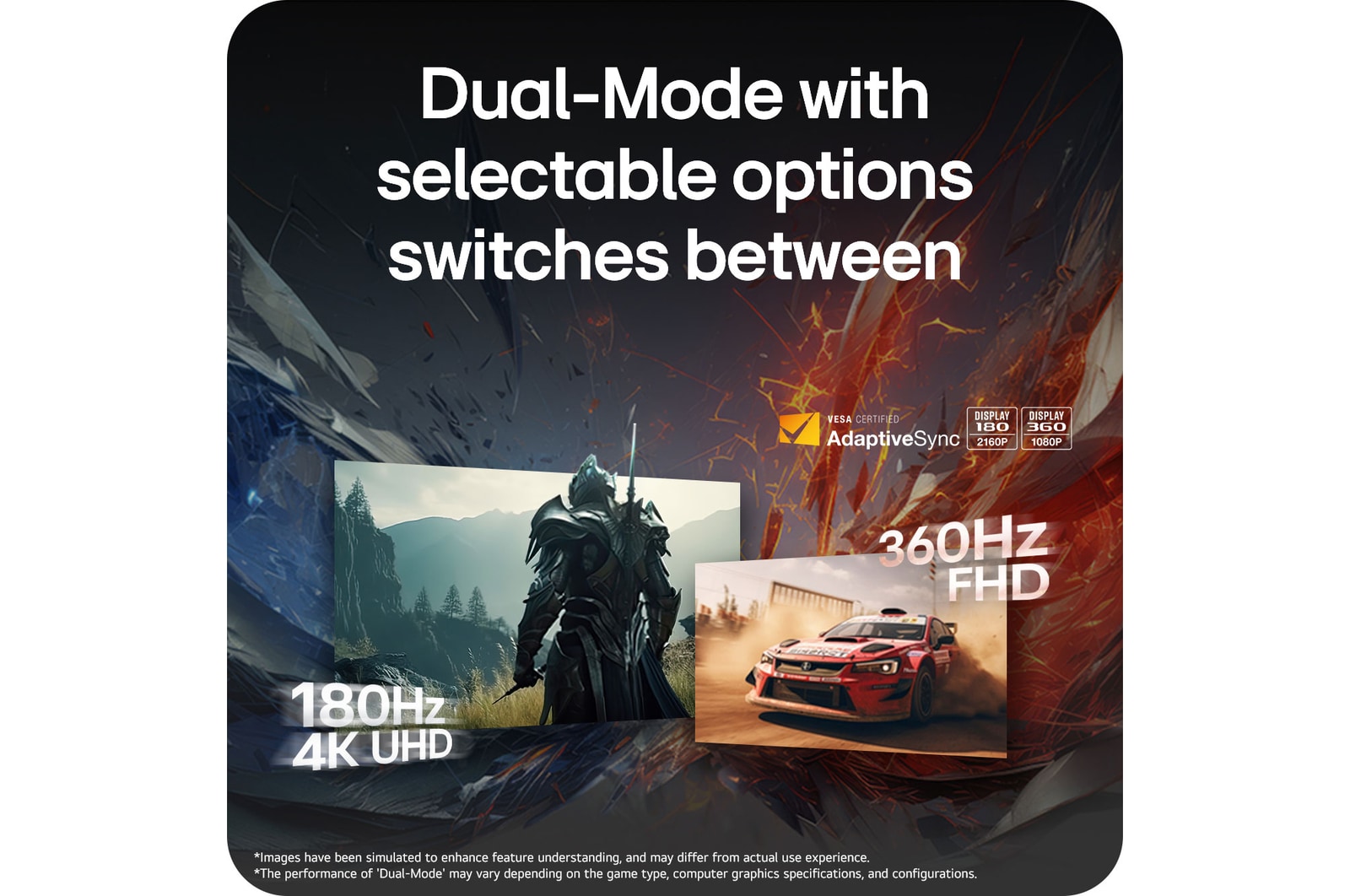 LG UltraGear™ Monitor 27G810A showcasing the Dual-Mode with selectable options between 180Hz 4K UHD and 360Hz FHD, powered by AdaptiveSync.