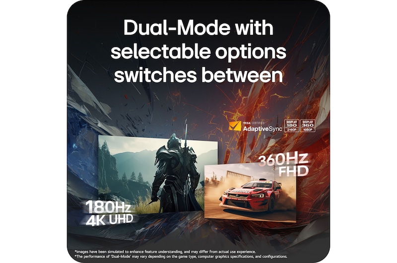 LG UltraGear™ Monitor 27G810A showcasing the Dual-Mode with selectable options between 180Hz 4K UHD and 360Hz FHD, powered by AdaptiveSync.