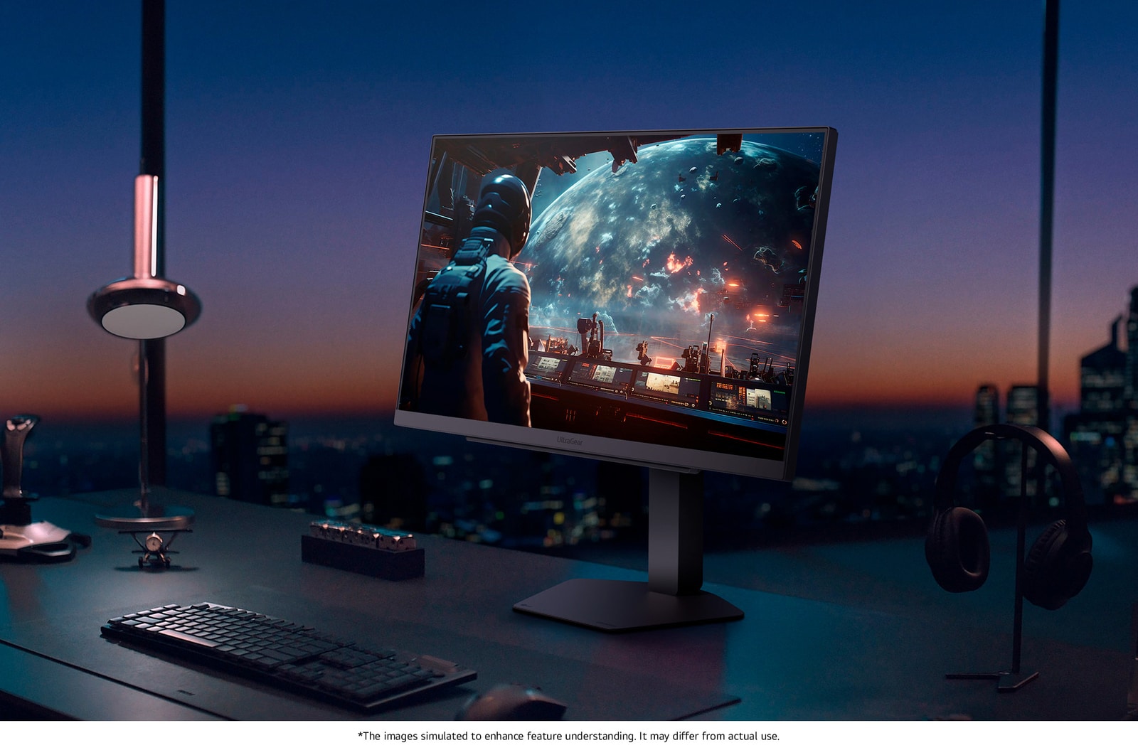 LG UltraGear™ Monitor 27G810A in a modern gaming environment at night, displaying an immersive space combat scene on its screen with a minimalist stand.