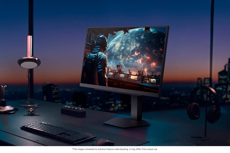 LG UltraGear™ Monitor 27G810A in a modern gaming environment at night, displaying an immersive space combat scene on its screen with a minimalist stand.