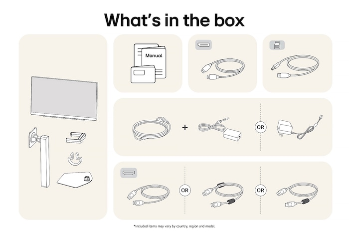 Items included with the LG UltraGear™ Monitor 27G810A package: Monitor panel, stand base and support, manual, USB upstream cable, HDMI™/DisplayPort cables, and power adapter with cord.