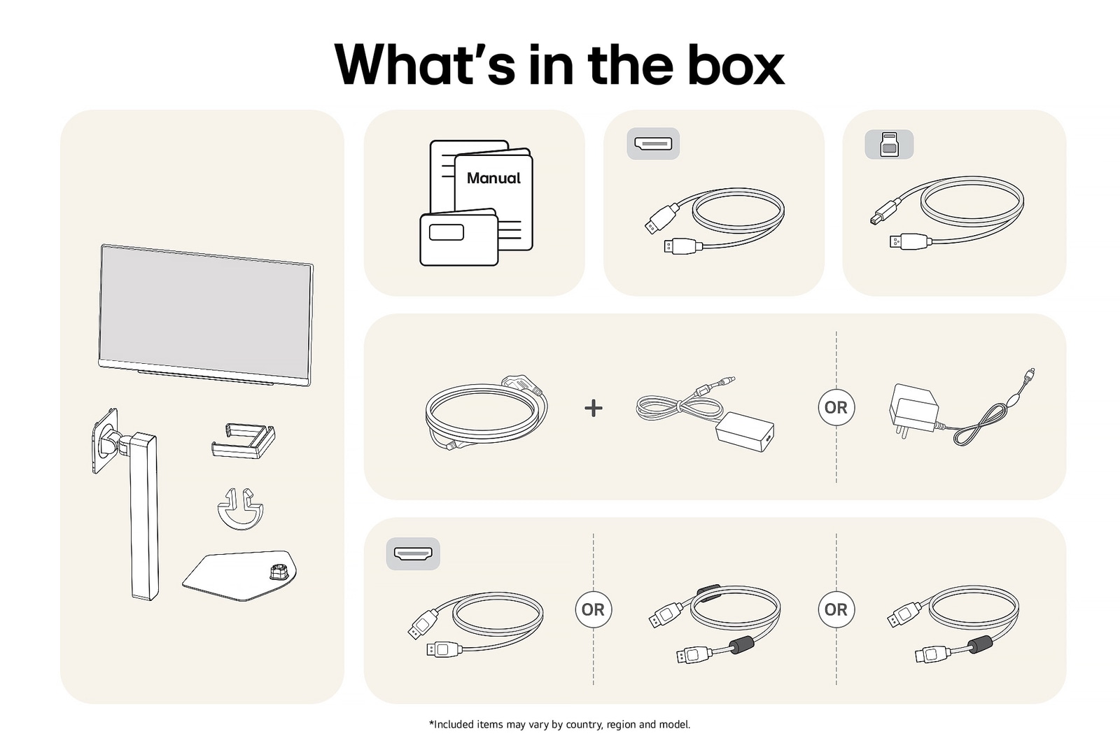Items included with the LG UltraGear™ Monitor 27G810A package: Monitor panel, stand base and support, manual, USB upstream cable, HDMI™/DisplayPort cables, and power adapter with cord.
