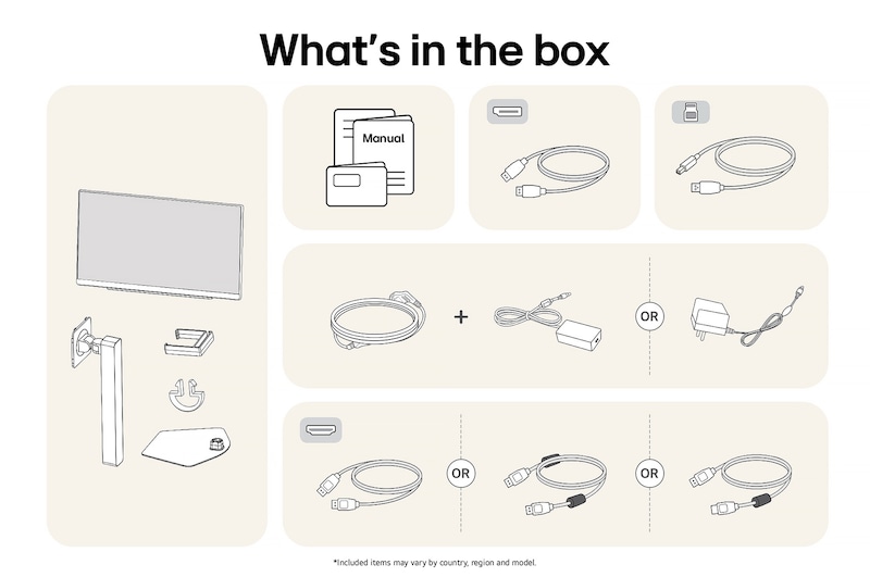 Items included with the LG UltraGear™ Monitor 27G810A package: Monitor panel, stand base and support, manual, USB upstream cable, HDMI™/DisplayPort cables, and power adapter with cord.