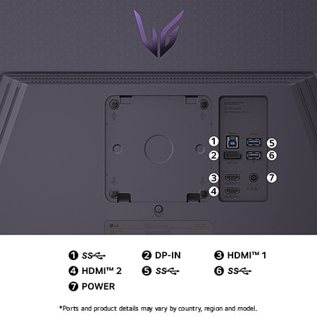 Rear view of the ports on the LG UltraGear™ Monitor 27G810A in a black finish, illustrating the DisplayPort and dual HDMI™ inputs, and the USB 3.0 (SS) ports.