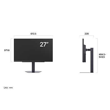LG UltraGear™ Monitor 27G810A displaying product dimensions in front and side profile, measuring 613.5 mm width, 371.6 mm display height, 404.5–543.5 mm total height, and 220 mm depth.