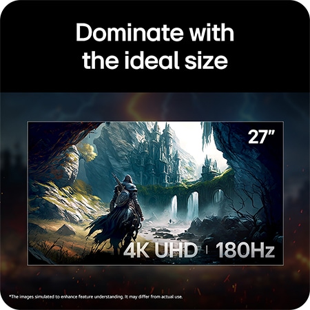 LG UltraGear™ Monitor 27G810A displaying an epic game scene, emphasizing the ideal 27-inch size combined with 4K UHD resolution and 180Hz refresh rate.