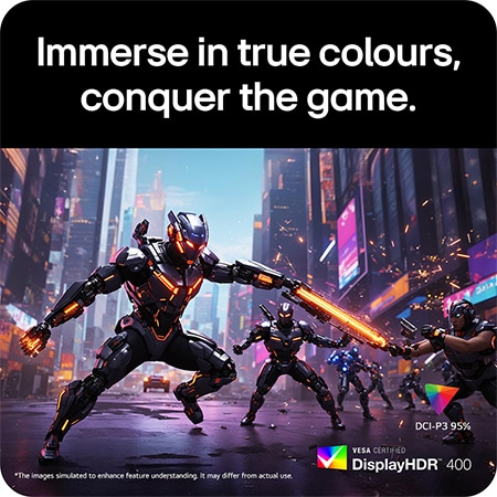 LG UltraGear™ Monitor 27G810A displaying vibrant colours in a combat simulation, highlighting DCI-P3 95% colour gamut and VESA DisplayHDR™ 400 support.