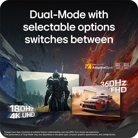 LG UltraGear™ Monitor 27G810A showcasing the Dual-Mode with selectable options between 180Hz 4K UHD and 360Hz FHD, powered by AdaptiveSync.