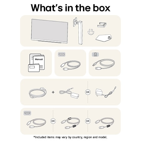 Items included with the LG UltraGear™ Monitor 27G810A package: Monitor panel, stand base and support, manual, USB upstream cable, HDMI™/DisplayPort cables, and power adapter with cord.