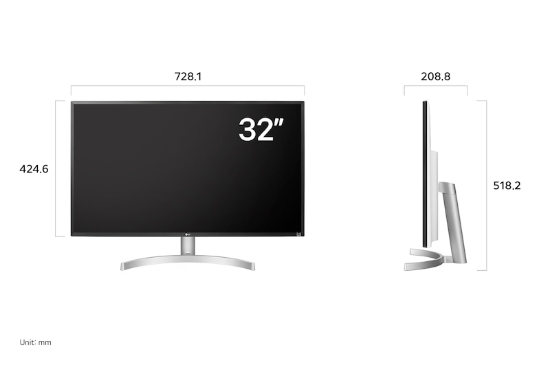 LG UltraFine™ Monitor 32UL500 displaying product dimensions in front and side profile, measuring 728.1 mm width, 424.6 mm display height, 518.2 mm total height, and 208.8 mm depth.