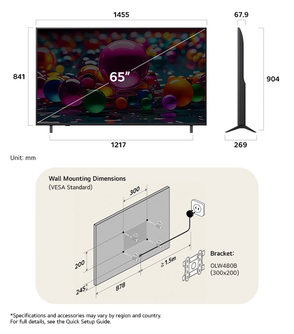 Dimension view of LG UHD AI 4K UA79 65-inch, 1455×904×269 mm, panel 67.9 mm, VESA 300x200.