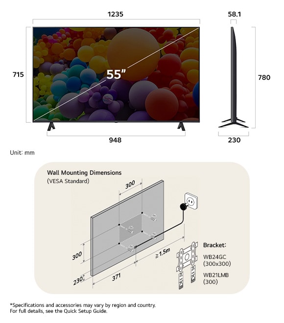 Dimension view of LG UHD AI 4K UT70 55-inch, 1235×780×230 mm, panel 58.1 mm, VESA 300x300.
