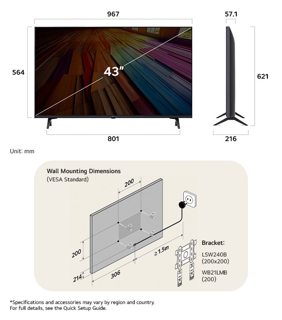 Dimension view of LG UHD AI 4K UT80 43-inch, 967×621×216 mm, panel 57.1 mm, VESA 200x200.