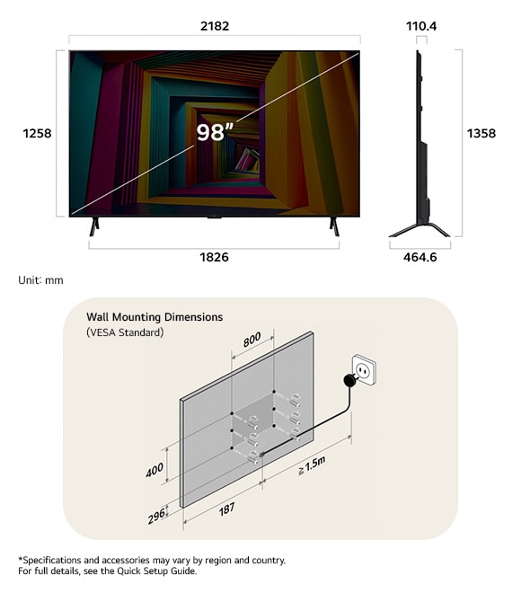 Dimension view of LG UHD AI 4K UT90 98-inch, 2182×1358×464.6 mm, panel 110.4 mm, VESA 800x400.