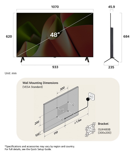 Dimension view of LG OLED AI B4 4K 48-inch, 1070×684×235 mm, panel 45.9 mm, VESA 300x200.