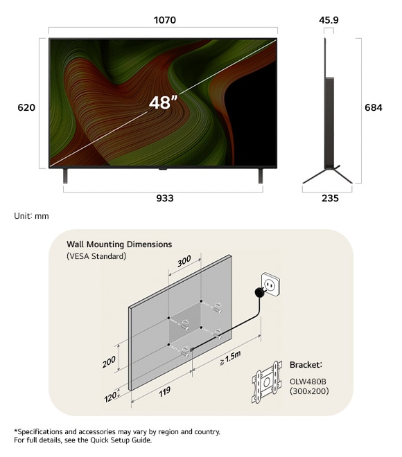 Dimension view of LG OLED AI B5 4K 48-inch, 1070×684×235 mm, panel 45.9 mm, VESA 300x200.