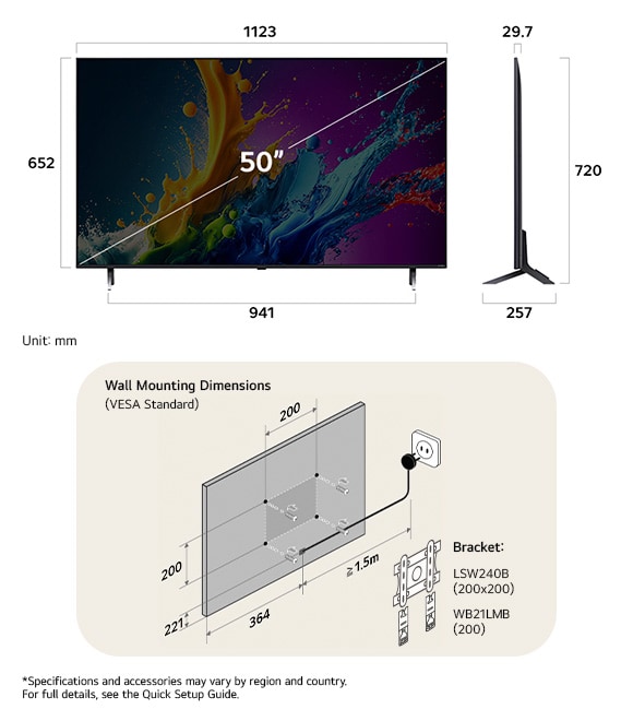 Dimension view of LG QNED MiniLED AI QNED80 4K 50-inch, 1123×720×257 mm, panel 29.7 mm, VESA 200x200.