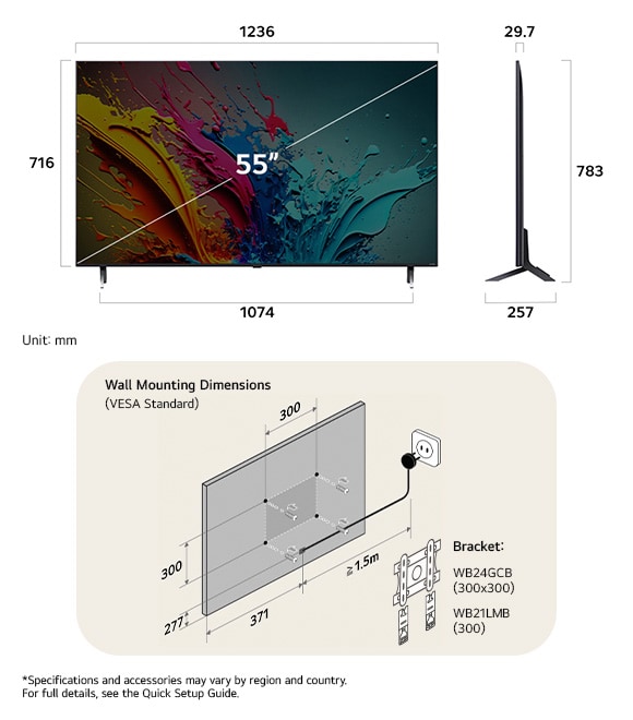 Dimension view of LG QNED MiniLED AI QNED85 4K 55-inch, 1236×783×257 mm, panel 29.7 mm, VESA 300x300.