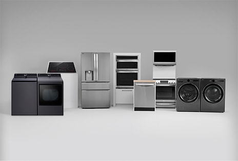 Full lineup of LG major appliances including top-load and front-load laundry pairs, French-door refrigerator, wall oven, cooktop, range, and dishwasher—representing LG’s reliable and innovative home appliance collection.