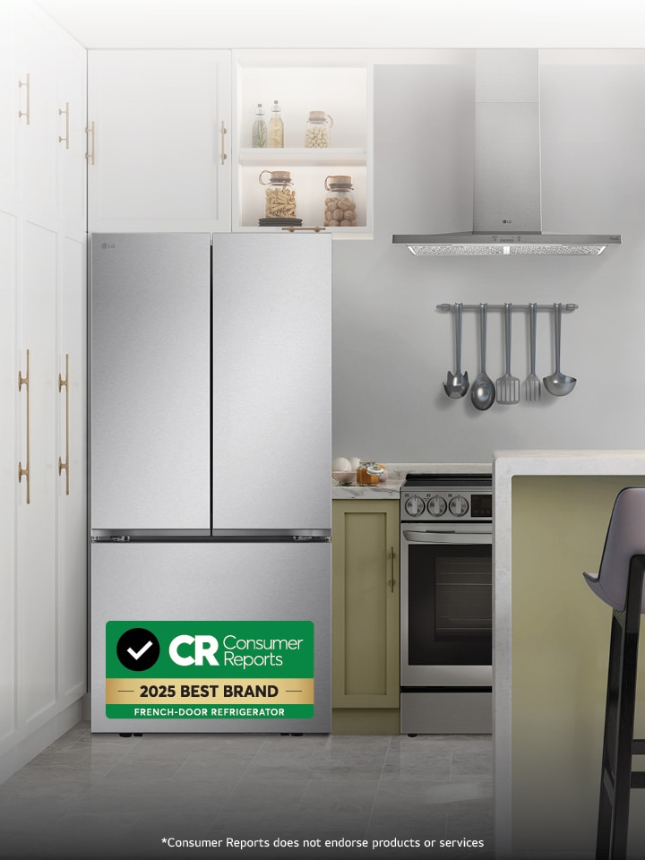 Banner showcasing certified LG French Door Refrigerators, rated and reliable according to Consumer Reports.