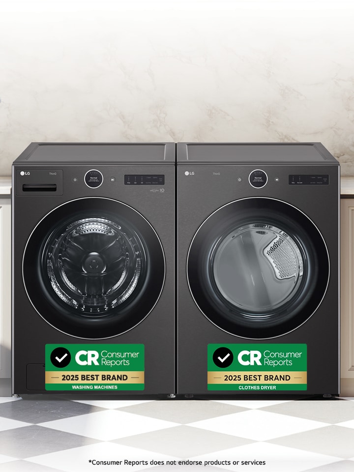 Banner showcasing certified LG Laundry machines, rated and reliable according to Consumer Reports.