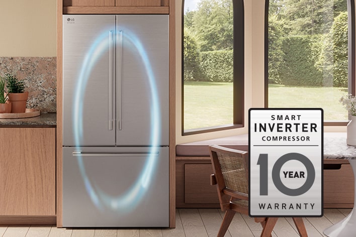Close-up of an LG Smart Inverter Compressor inside a refrigerator, highlighting its mechanical components and durable design.