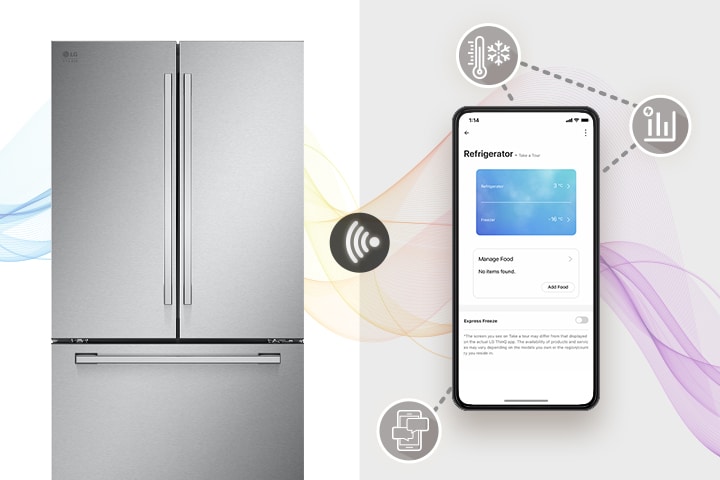 Stainless steel LG French door refrigerator with a built-in water dispenser and a smartphone displaying the ThinQ app.