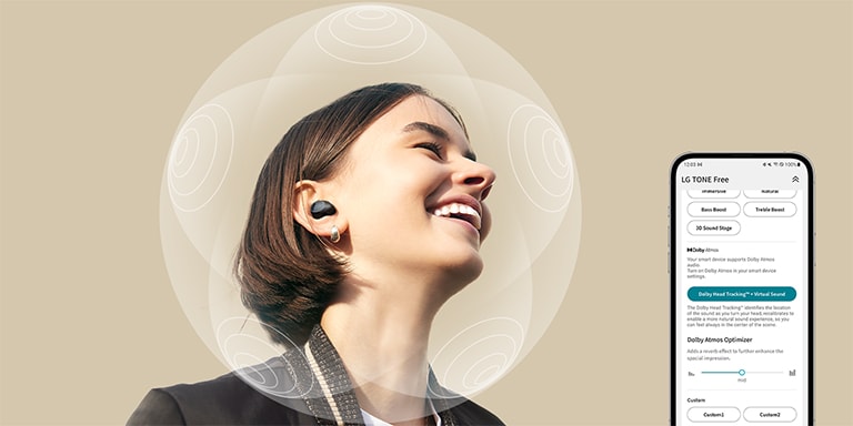 A woman wearing T80S smiles. A sound sphere is shown around her head to emphasize the spatial sound feature. On the right, a smartphone interface is shown to illustrate that this feature is available on the TONE Free app.