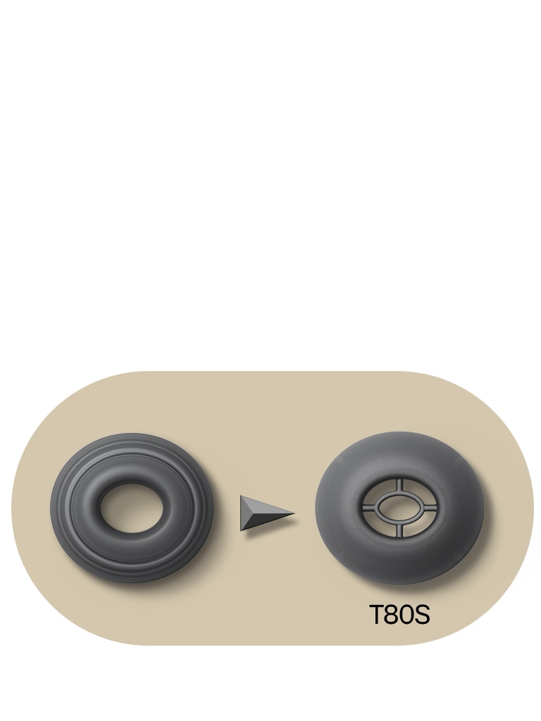 There are two ear tips shown. On the left is the previous one, on the right is shown T80S's ear tip to provide it better isolate the noise.