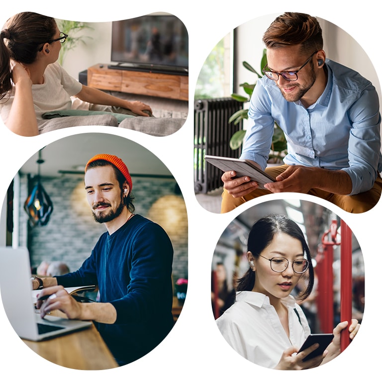 A collage of people using T80S earbuds in their daily lives. Left from top to bottom, a woman is watching a TV with T80S and a man is using his laptop with T80S. Right top to bottom, a man is wearing T80S while using his tablet PC, and the woman is watching a video from her smartphone on the subway.