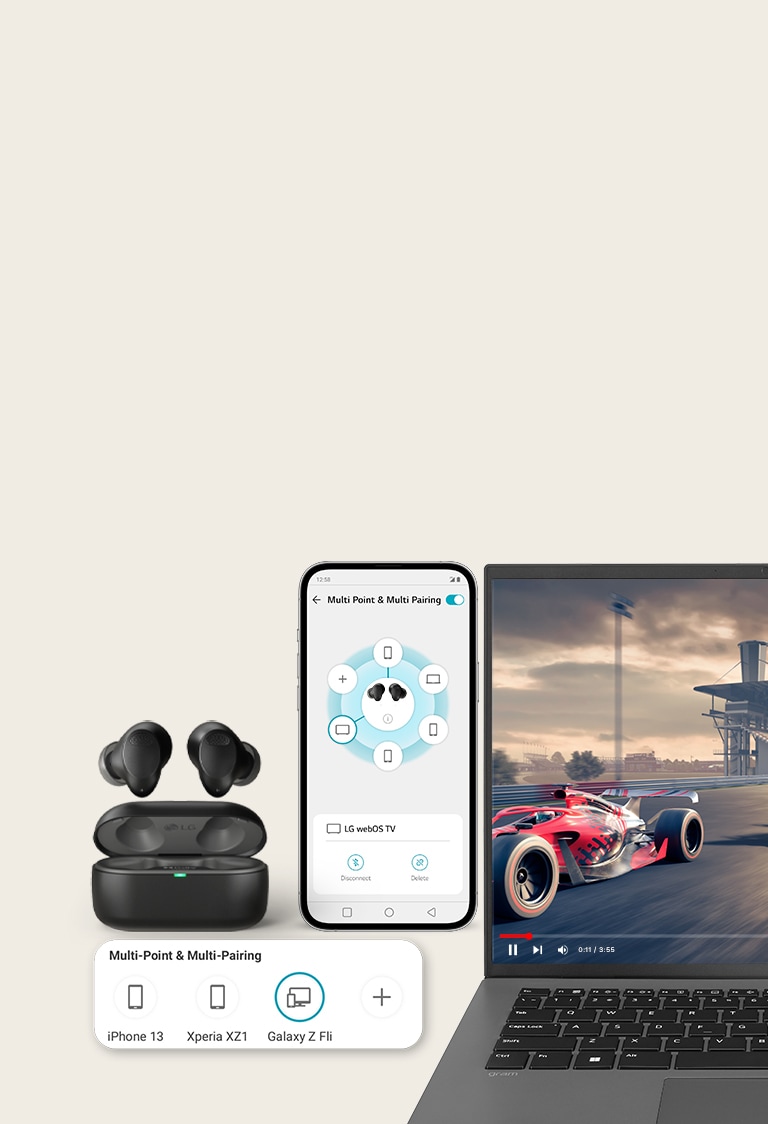 A picture of the Multi Point & Multi Pairing function. The TONE Free widget interface is shown on the bottom left. The black T80S is shown in the center. To the right, a smartphone interface and a laptop are shown.