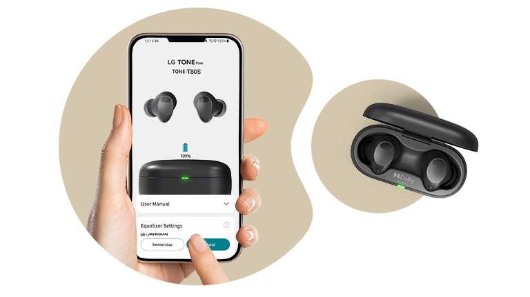 An image of TONE Free app. Top view of the T80S is placed right next to it.