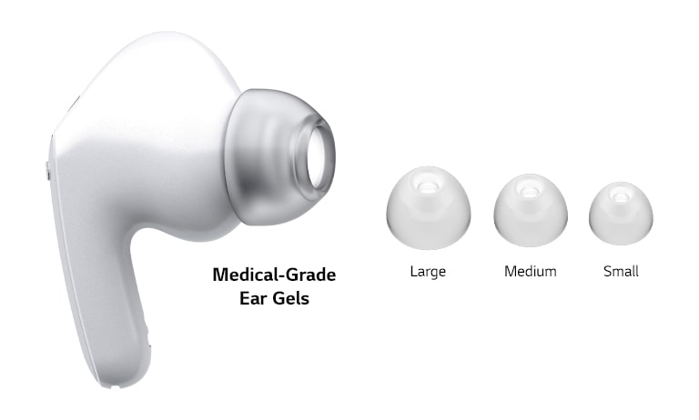 Image of white earbuds and a set of 3 size ear gels: Large, Medium and Small.