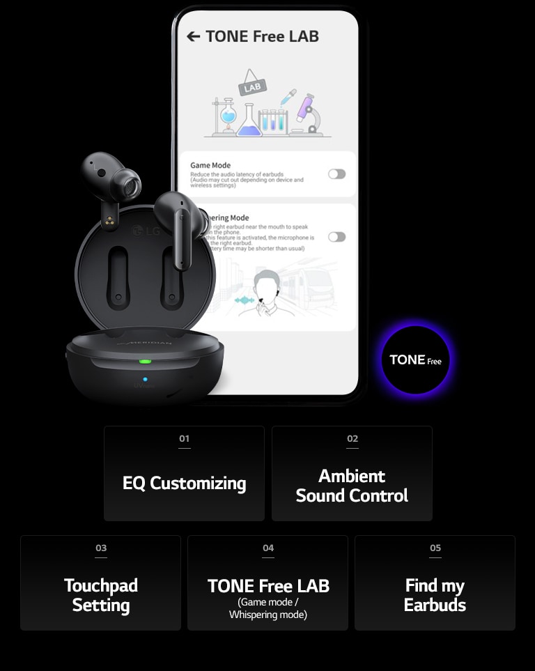 An image of the TONE Free LAB screen on the mobile phone and the TONE Free product placed left next to it.