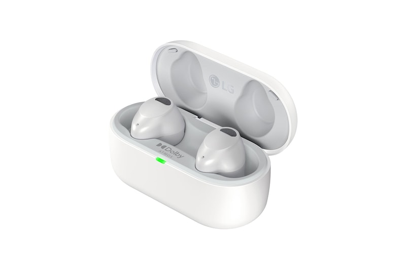 45 degree angle with the right side facing forward. There are earbuds in the open cradle.