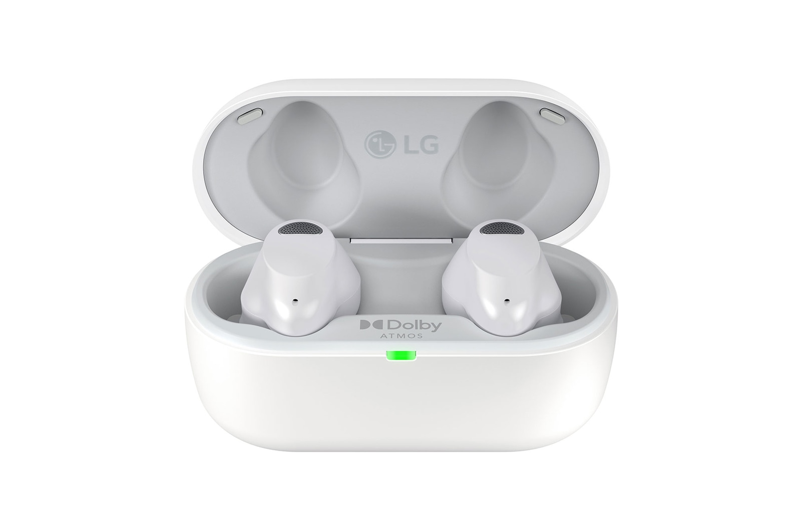 Front view with the earbuds in the open cradle.