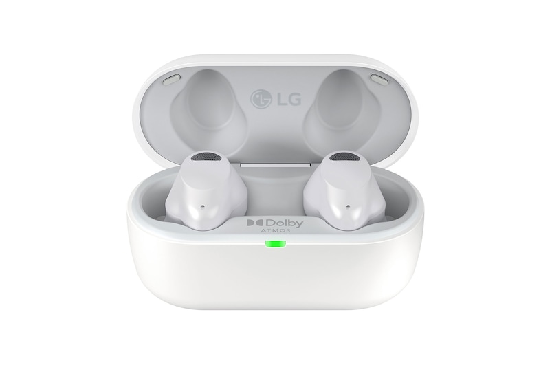 Front view with the earbuds in the open cradle.