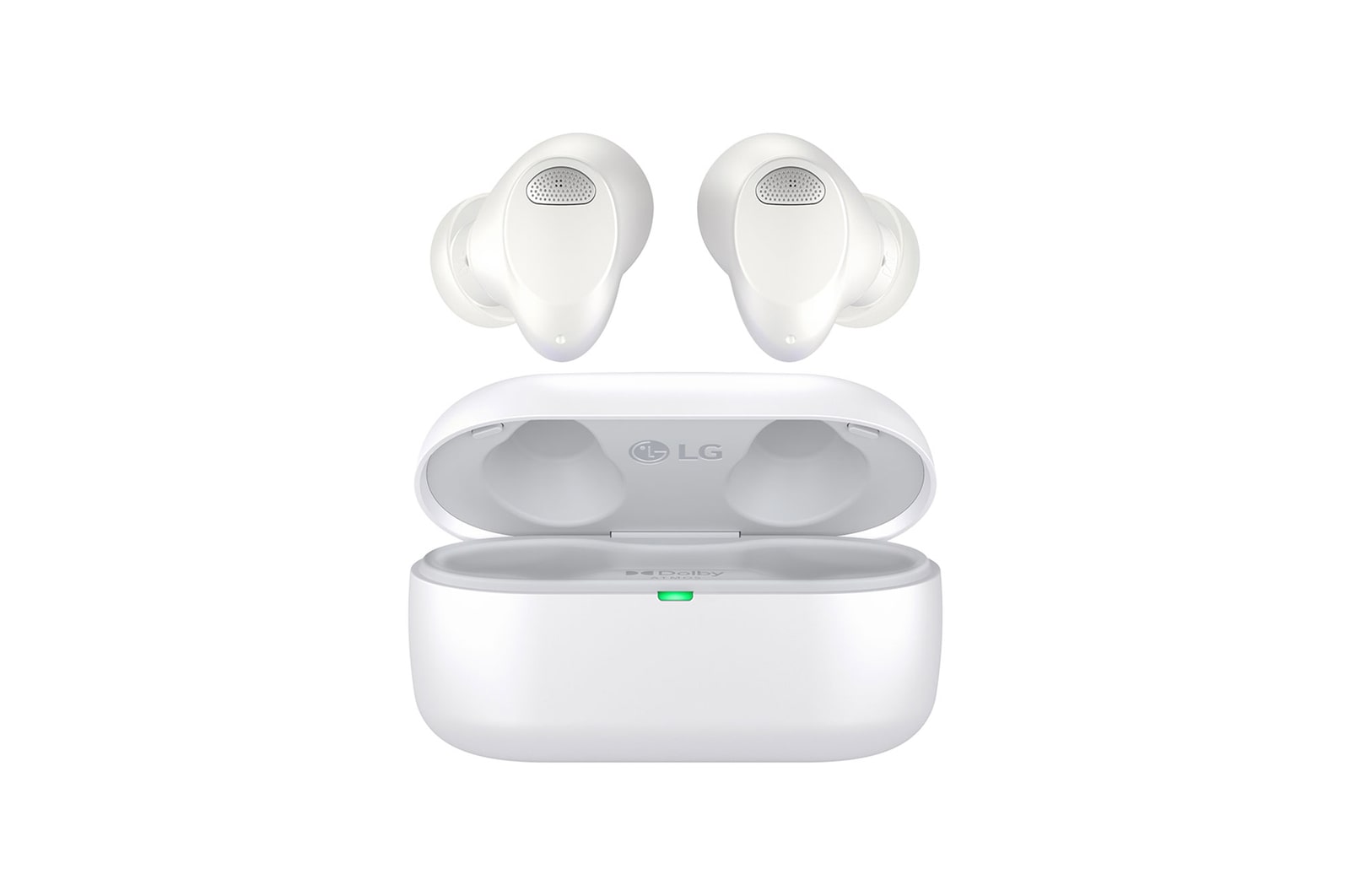 Front view of the floating earbuds with the cradle open.