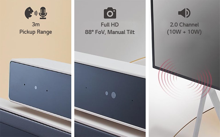 The close-up images of the built-in microphones, camera, and speaker describing their key features.