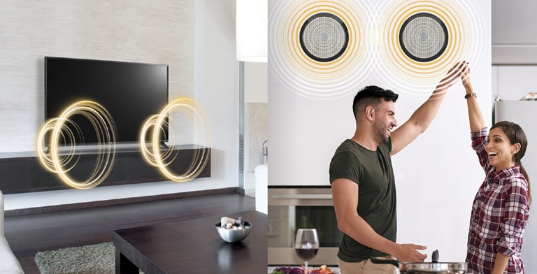 A TV is making sounds in one space, and a man and a woman are listening the sound of TV through external speakers in another space.