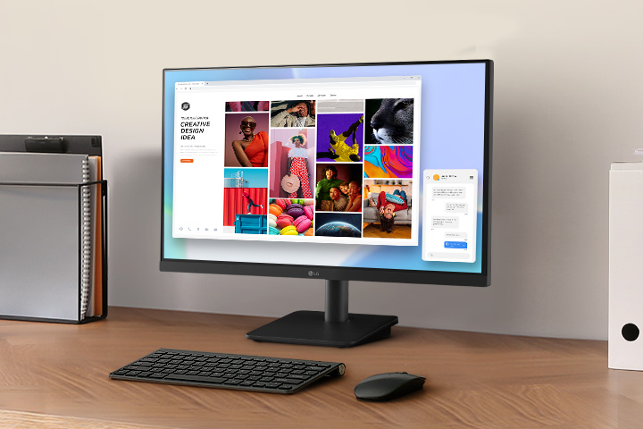 The Full HD IPS monitor is on the desk, showing clear and accurate colour images on its screen